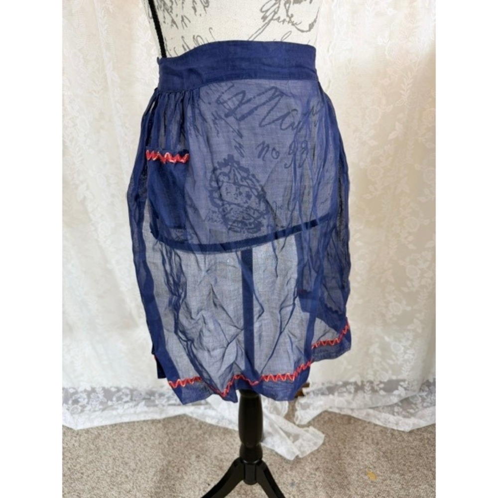 Vintage Sheer Navy Blue Half Apron Red Rick Rack Trim Pocket Retro Kitchen